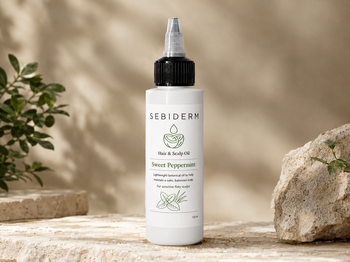 A bottle of Sebiderm Sweet Peppermint Hair & Scalp Oil standing on a stone surface with a warm beige background, soft leaf shadows, and decorative stones and greenery.